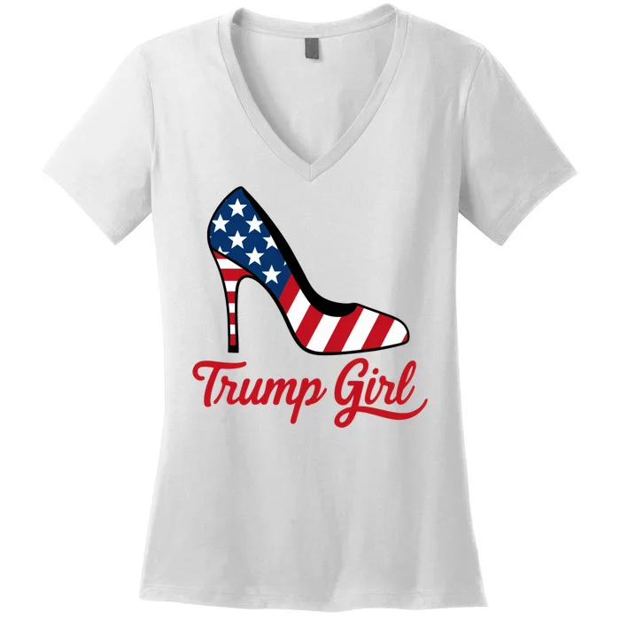 Trump Girl High Heels Stilettos American Flag Trump 2024 Patriotic Fashion Women's V-Neck T-Shirt