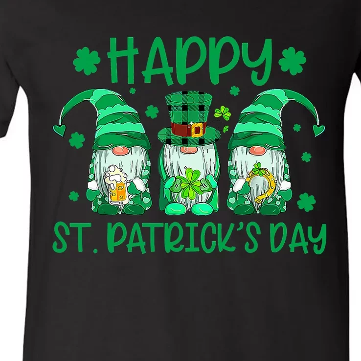 Three Gnomes Holding Shamrock Leopard Plaid St Patrick's Day V-Neck T-Shirt