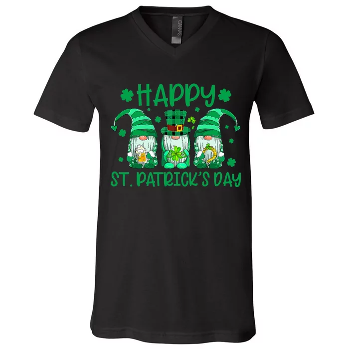 Three Gnomes Holding Shamrock Leopard Plaid St Patrick's Day V-Neck T-Shirt