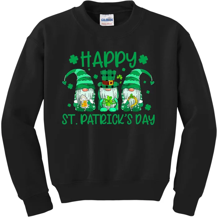 Three Gnomes Holding Shamrock Leopard Plaid St Patrick's Day Kids Sweatshirt