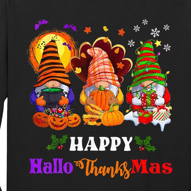 Three Gnomes Halloween Merry Christmas Happy Hallothanksmas Long Sleeve Shirt