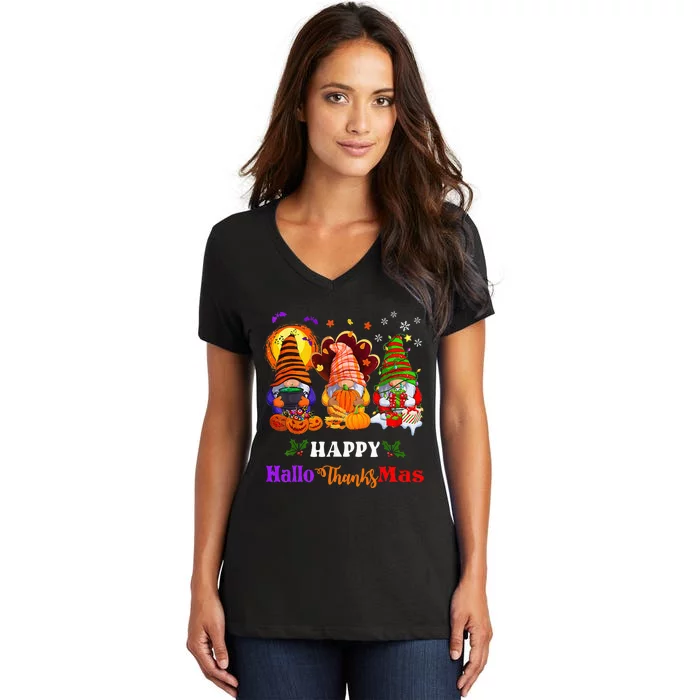 Three Gnomes Halloween Merry Christmas Happy Hallothanksmas Women's V-Neck T-Shirt