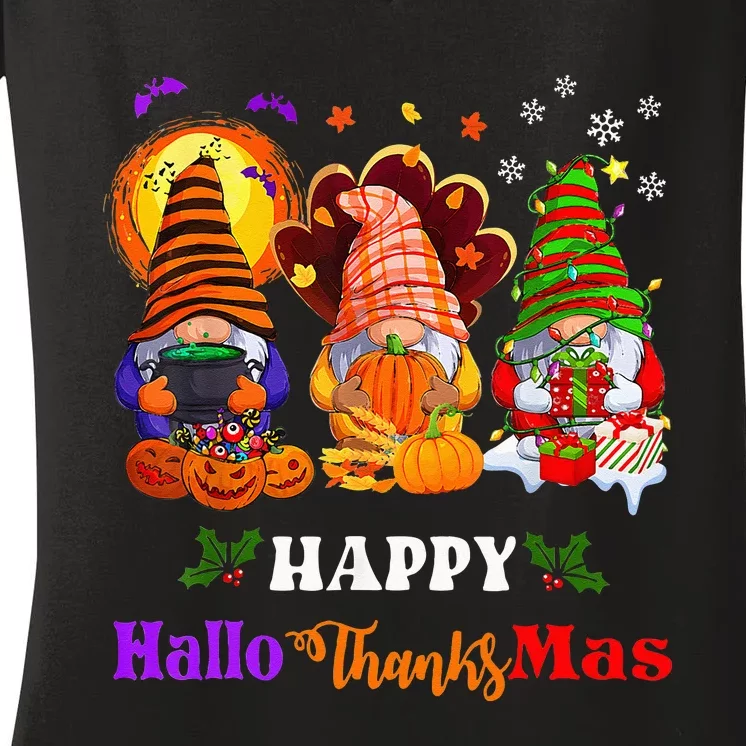 Three Gnomes Halloween Merry Christmas Happy Hallothanksmas Women's V-Neck T-Shirt