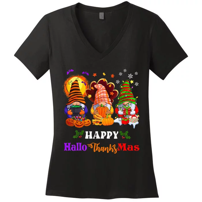 Three Gnomes Halloween Merry Christmas Happy Hallothanksmas Women's V-Neck T-Shirt