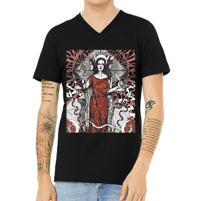 The Goddess Hecate Tarot Card Triple Wiccan Pagan Moon Witch V-Neck T-Shirt