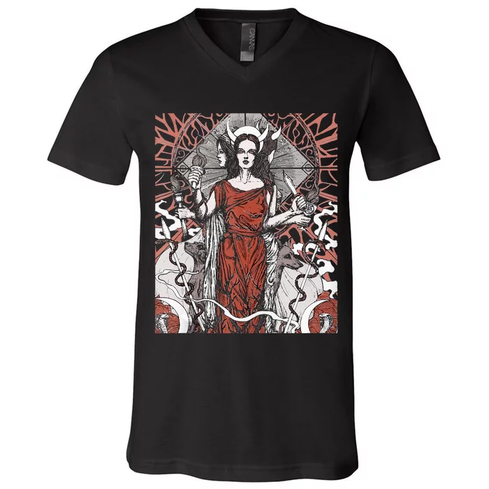 The Goddess Hecate Tarot Card Triple Wiccan Pagan Moon Witch V-Neck T-Shirt