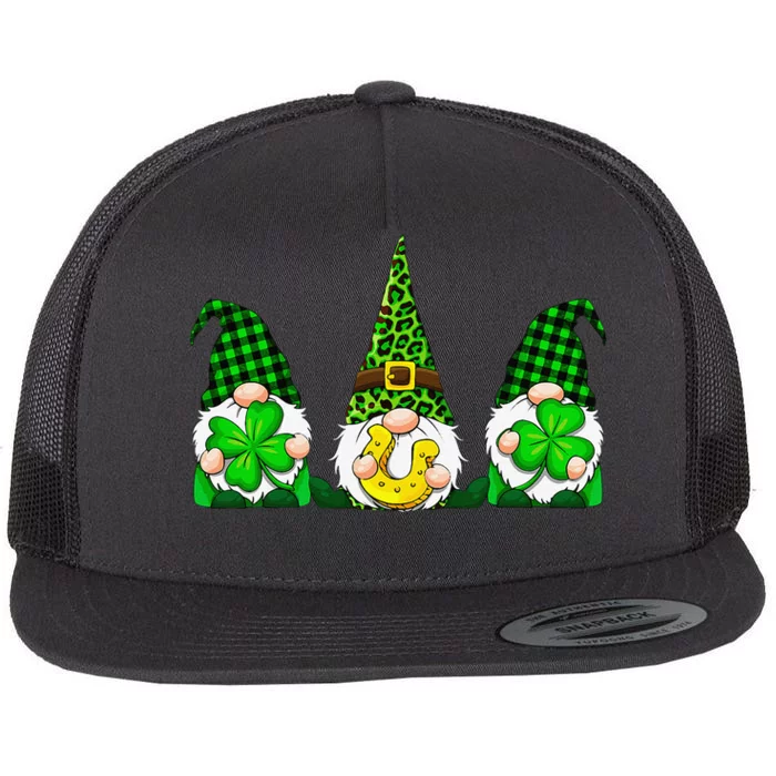 Three Gnomes Holding Shamrock Leopard Plaid St Patrick's Day Gift Flat Bill Trucker Hat