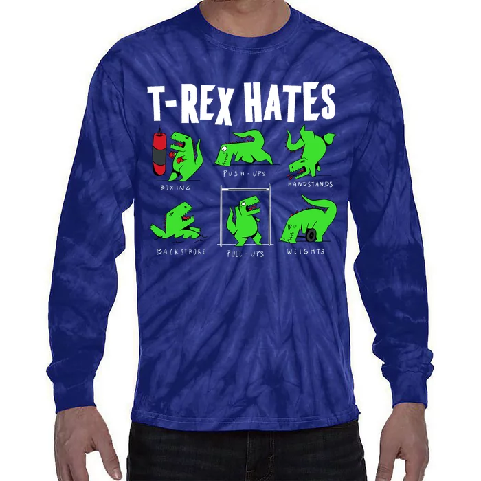 TRex Gym Hating Dinosaur Tie-Dye Long Sleeve Shirt