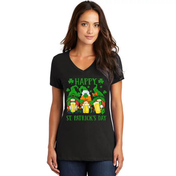 Three Gnomes Holding Beer Glasses Fun Happy St Patricks Day Women's V-Neck T-Shirt