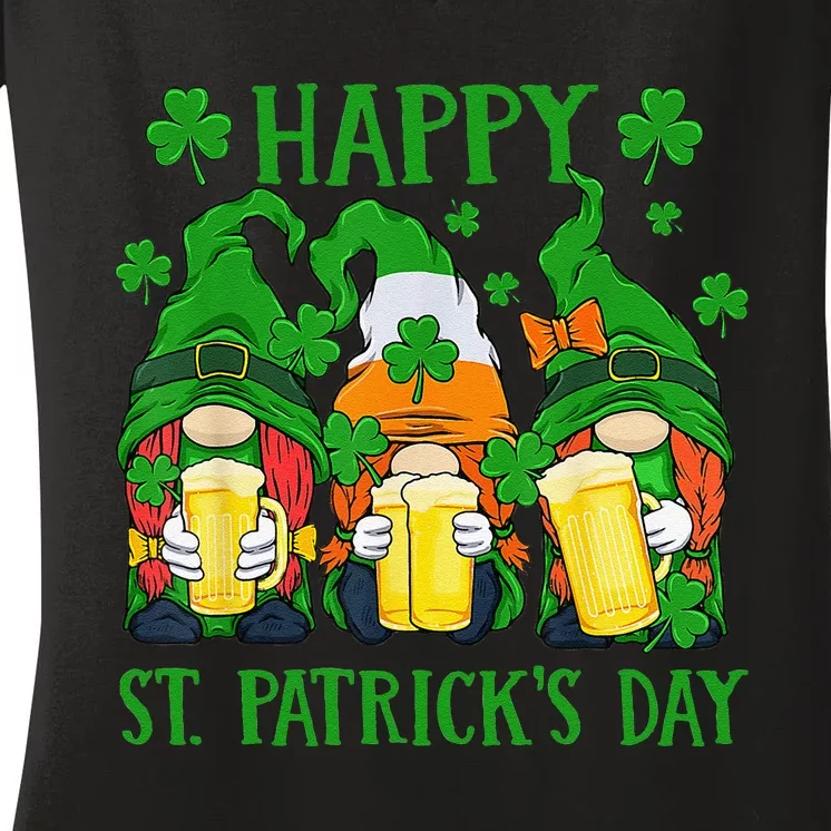 Three Gnomes Holding Beer Glasses Fun Happy St Patricks Day Women's V-Neck T-Shirt