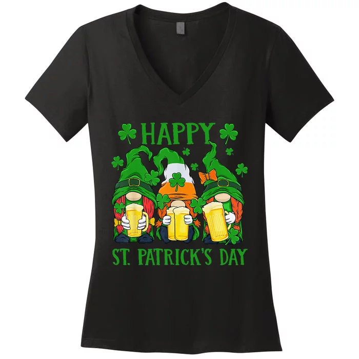 Three Gnomes Holding Beer Glasses Fun Happy St Patricks Day Women's V-Neck T-Shirt