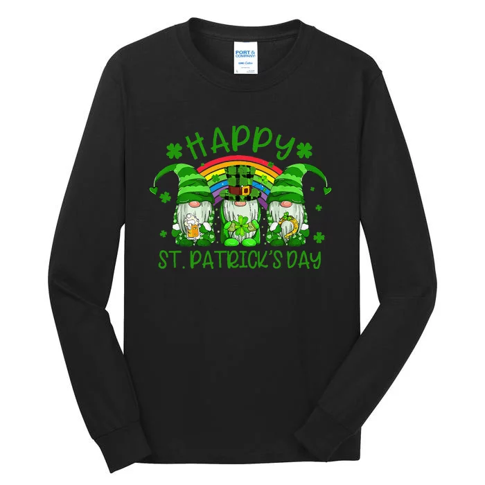 Three Gnomes Holding Shamrock Green Rainbow St Patrick's Day Tall Long Sleeve T-Shirt