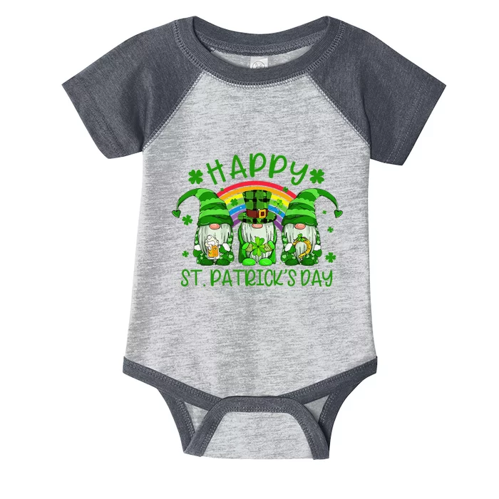 Three Gnomes Holding Shamrock Green Rainbow St Patrick's Day Infant Baby Jersey Bodysuit