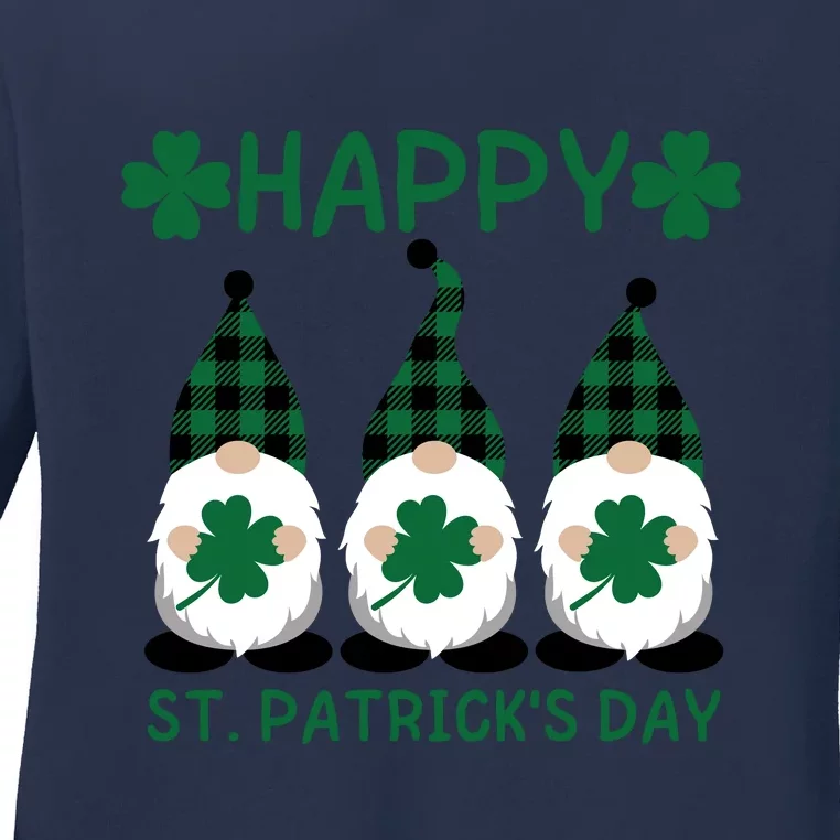 Three Gnomes Holding Shamrock Leopard Plaid St Patrick's Day Ladies Long Sleeve Shirt