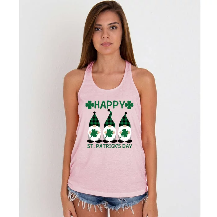 Three Gnomes Holding Shamrock Leopard Plaid St Patrick's Day Women's Knotted Racerback Tank