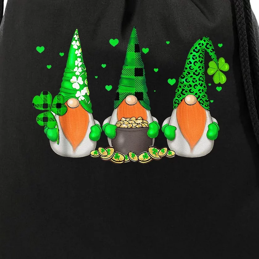 Three Gnomes Holding Shamrock Leopard Plaid St Patrick's Day Drawstring Bag