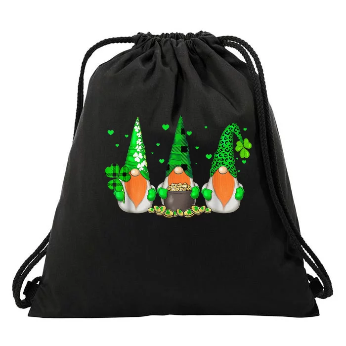 Three Gnomes Holding Shamrock Leopard Plaid St Patrick's Day Drawstring Bag