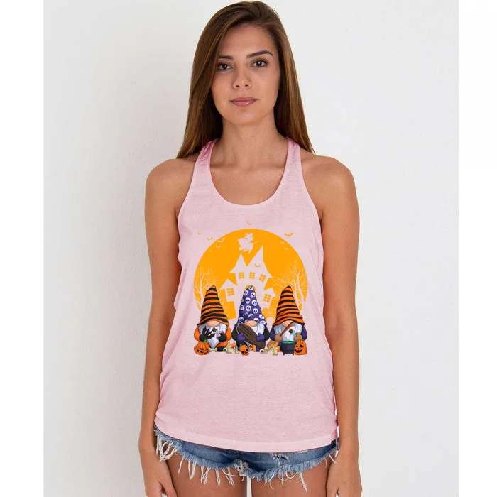 Three Gnomes Happy Halloween Fall Party Spooky Gnomes Great Gift Women's Knotted Racerback Tank