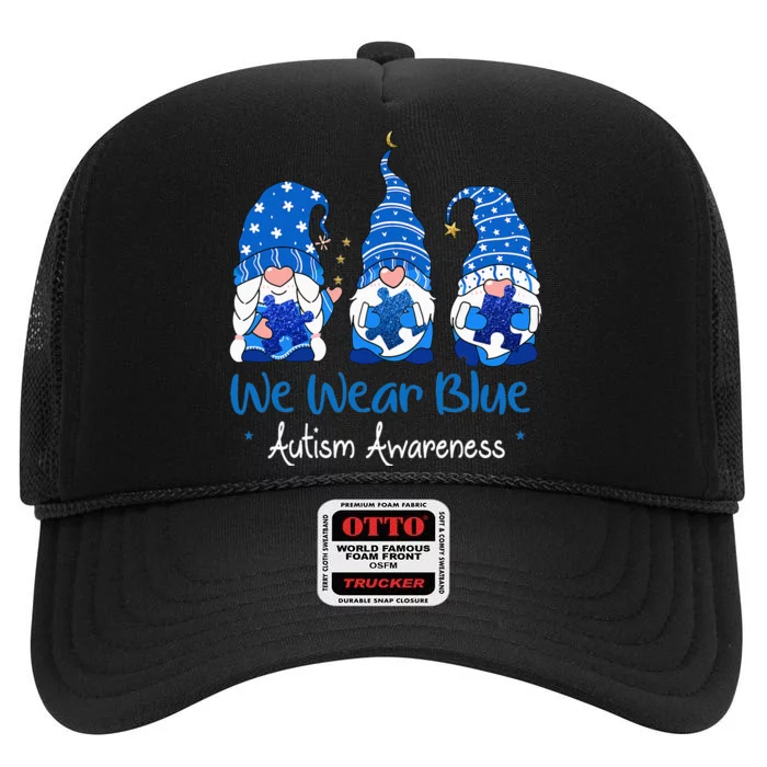 Three Gnomes Holding Blue Puzzle Autism Awareness High Crown Mesh Trucker Hat