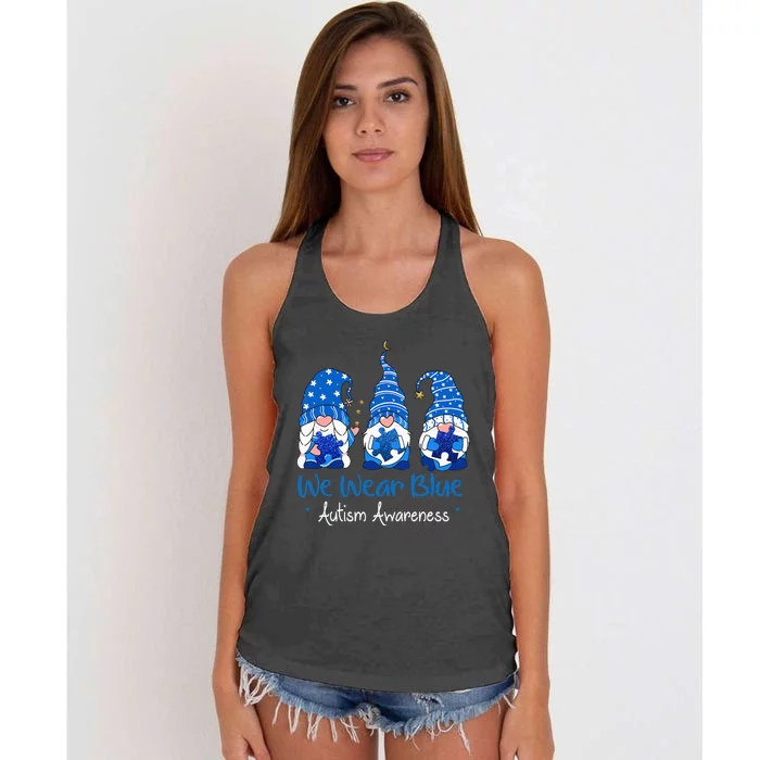 Three Gnomes Holding Blue Puzzle Autism Awareness Women's Knotted Racerback Tank