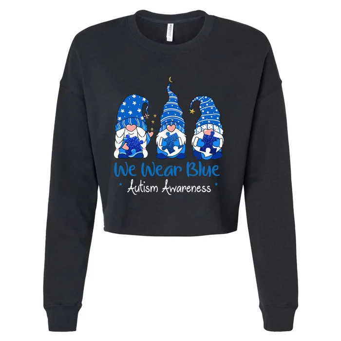 Three Gnomes Holding Blue Puzzle Autism Awareness Cropped Pullover Crew