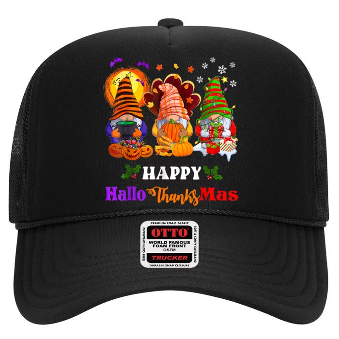 Three Gnomes Halloween Merry Christmas Happy Hallothanksmas High Crown Mesh Trucker Hat