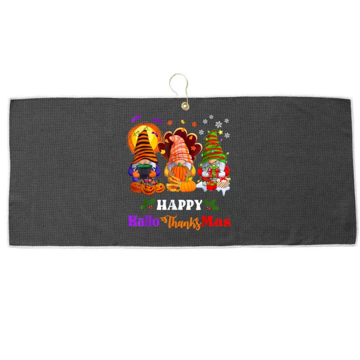 Three Gnomes Halloween Merry Christmas Happy Hallothanksmas Large Microfiber Waffle Golf Towel