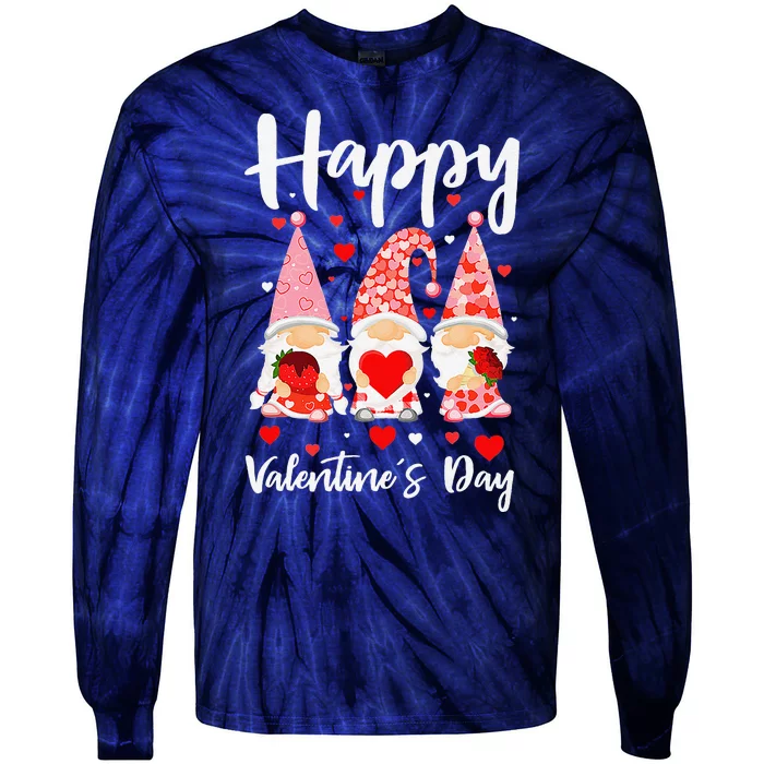 Three Gnomes Hearts Happy Valentines Day Tie-Dye Long Sleeve Shirt