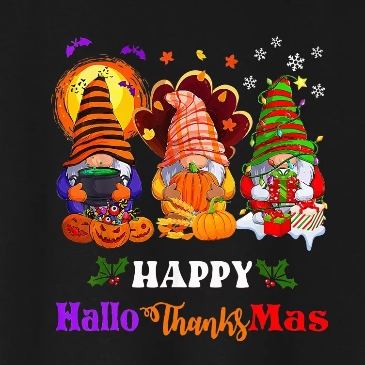 Three Gnomes Halloween Merry Christmas Happy Hallothanksmas Women's Crop Top Tee