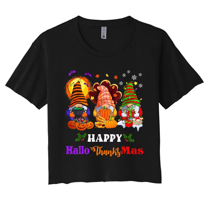 Three Gnomes Halloween Merry Christmas Happy Hallothanksmas Women's Crop Top Tee