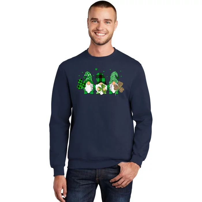 Three Gnomes Holding Shamrock Leopard Plaid St Patrick's Day Tall Sweatshirt