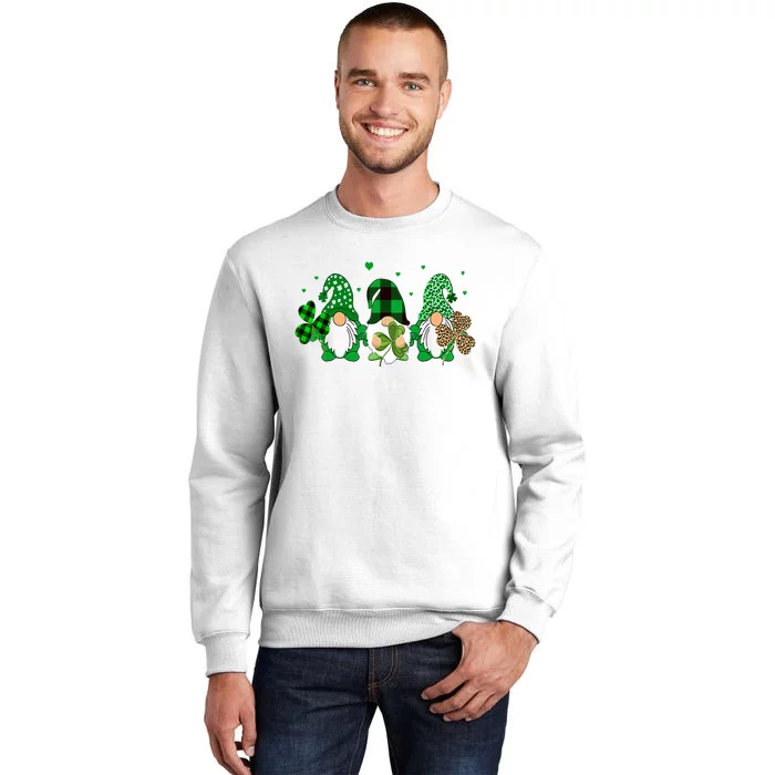 Three Gnomes Holding Shamrock Leopard Plaid St Patrick's Day Sweatshirt