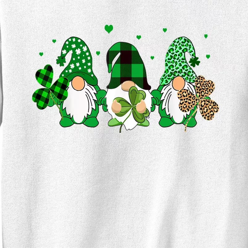 Three Gnomes Holding Shamrock Leopard Plaid St Patrick's Day Sweatshirt