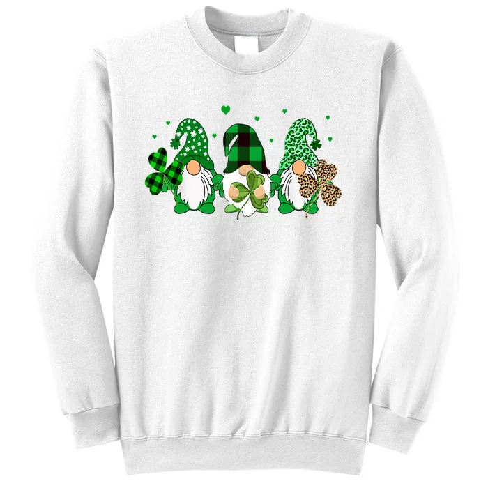 Three Gnomes Holding Shamrock Leopard Plaid St Patrick's Day Sweatshirt