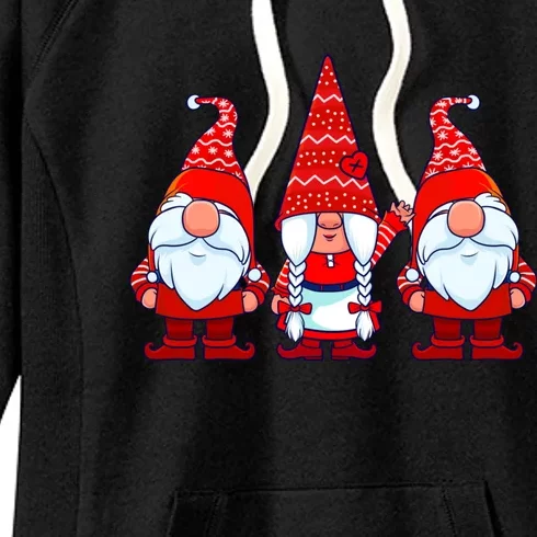 Three Gnomes In Red Costume Christmas Cute Holiday Xmas Gift Women's Fleece Hoodie