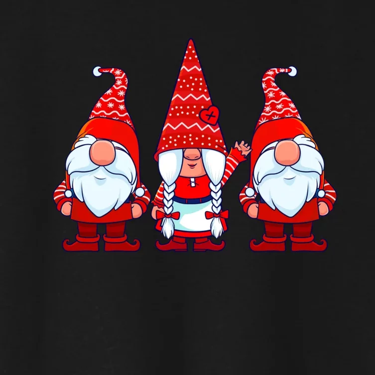 Three Gnomes In Red Costume Christmas Cute Holiday Xmas Gift Women's Crop Top Tee