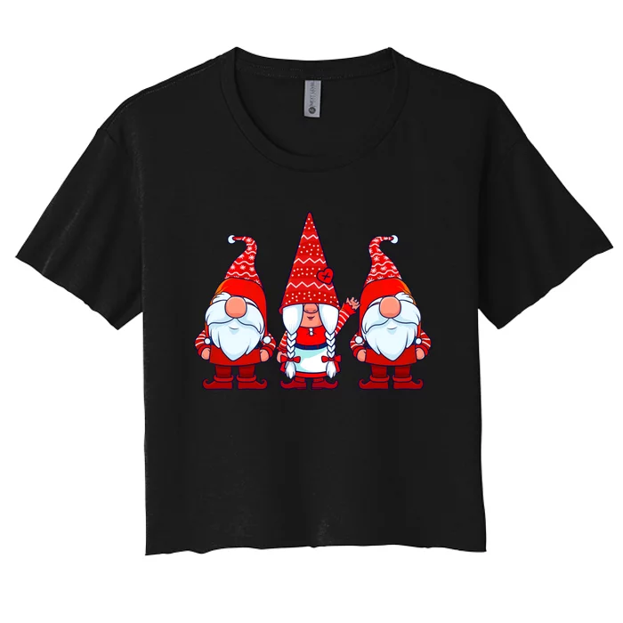 Three Gnomes In Red Costume Christmas Cute Holiday Xmas Gift Women's Crop Top Tee