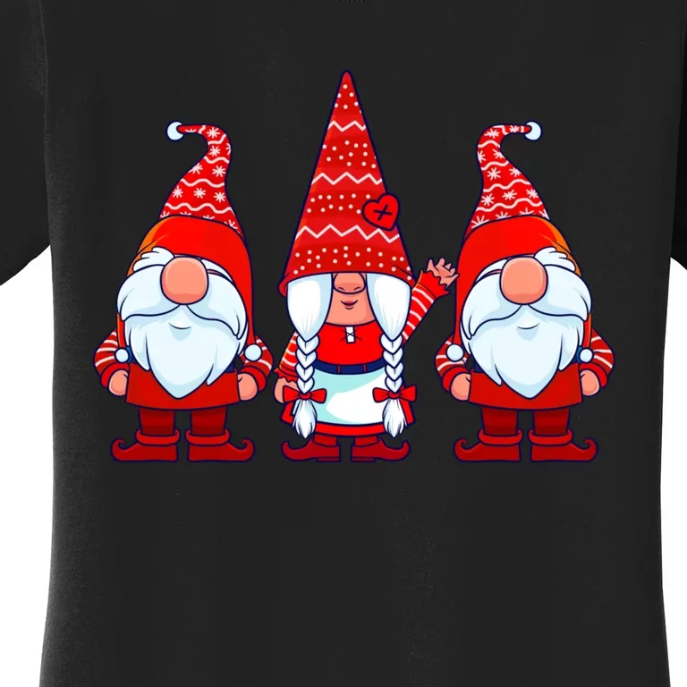 Three Gnomes In Red Costume Christmas Cute Holiday Xmas Gift Women's T-Shirt