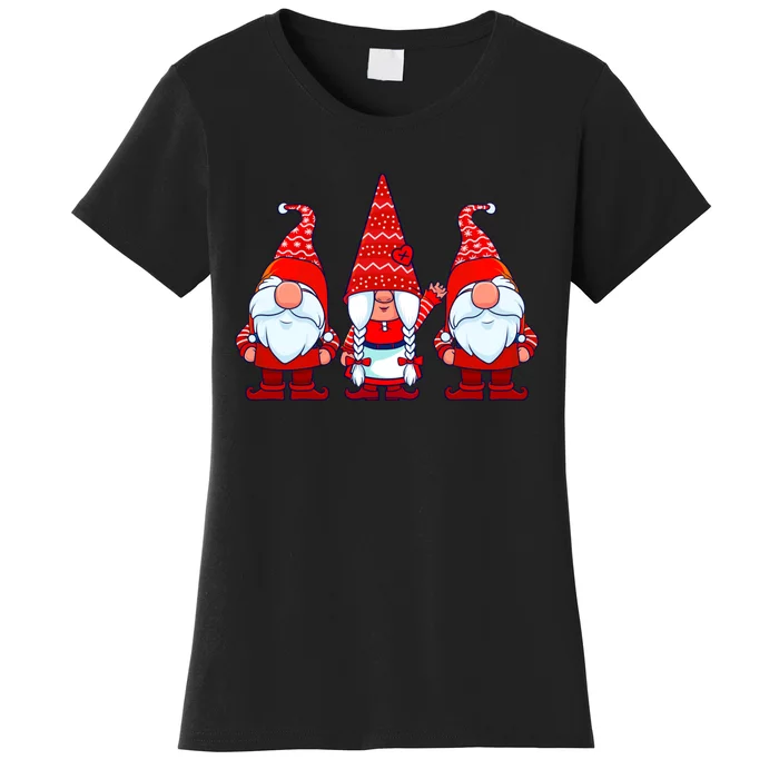 Three Gnomes In Red Costume Christmas Cute Holiday Xmas Gift Women's T-Shirt