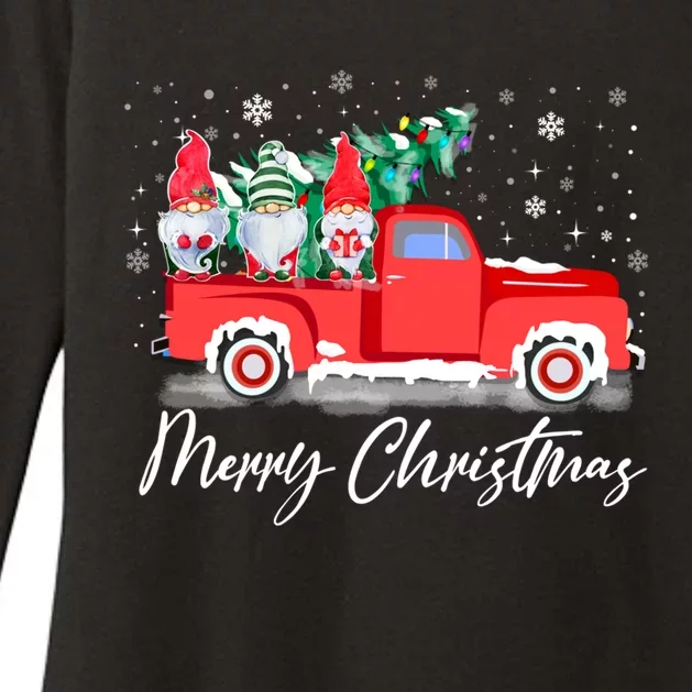 Three Gnomes In Red Truck With Merry Christmas Tree Womens CVC Long Sleeve Shirt