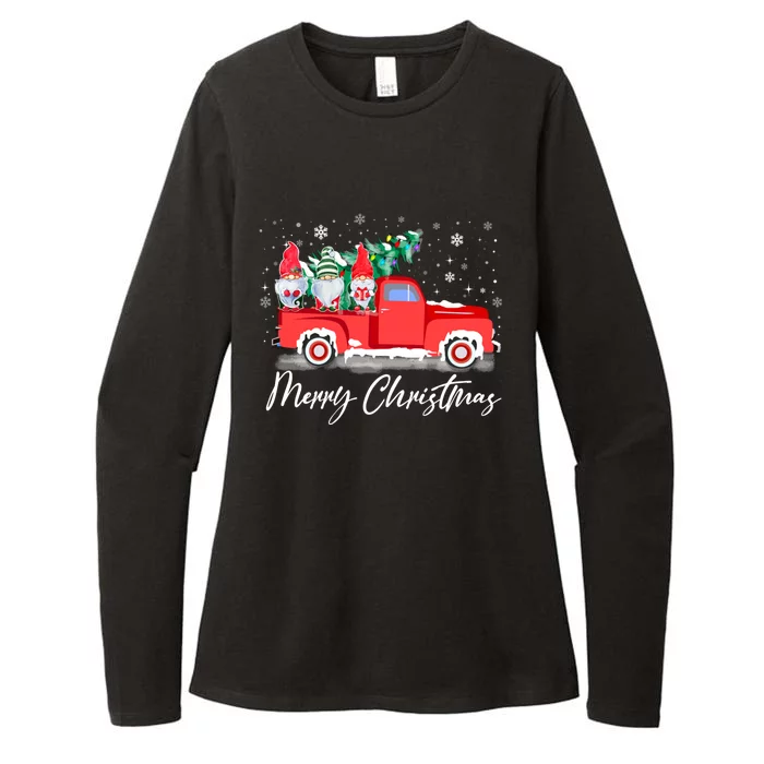 Three Gnomes In Red Truck With Merry Christmas Tree Womens CVC Long Sleeve Shirt