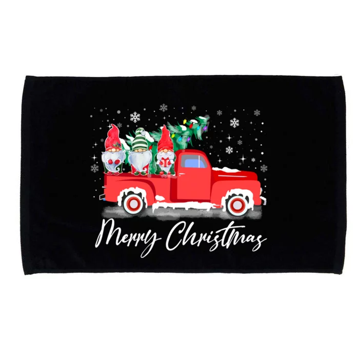 Three Gnomes In Red Truck With Merry Christmas Tree Microfiber Hand Towel