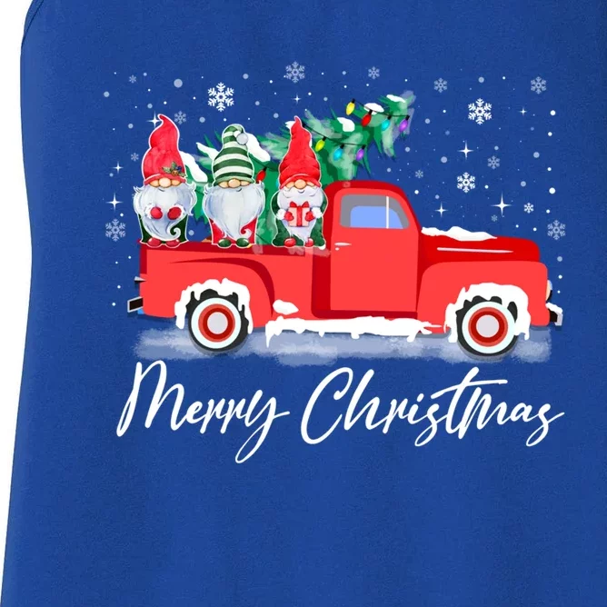 Three Gnomes In Red Truck With Merry Christmas Tree Women's Racerback Tank