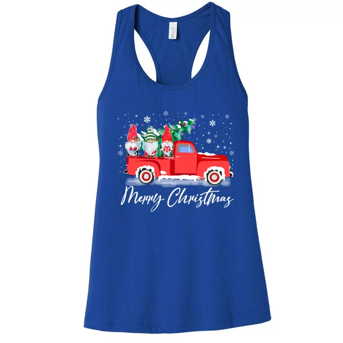 Three Gnomes In Red Truck With Merry Christmas Tree Women's Racerback Tank