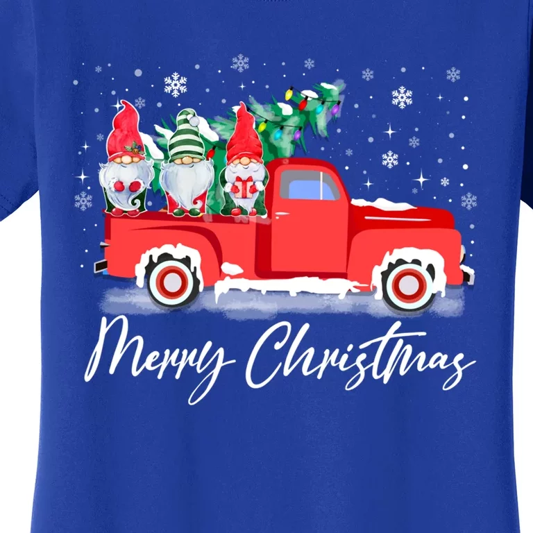 Three Gnomes In Red Truck With Merry Christmas Tree Women's T-Shirt