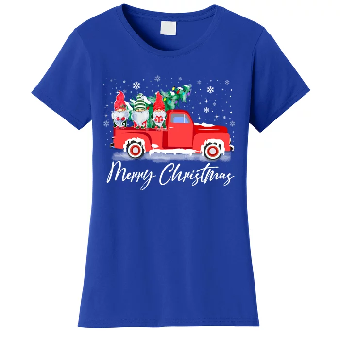 Three Gnomes In Red Truck With Merry Christmas Tree Women's T-Shirt