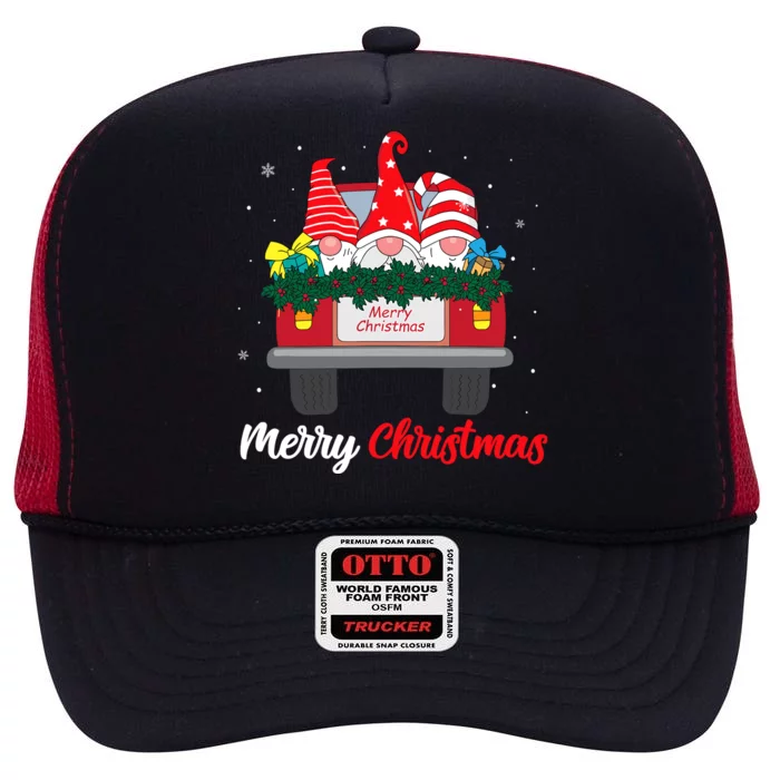 Three Gnomes In Red Truck With Merry Christmas Tree Family High Crown Mesh Trucker Hat