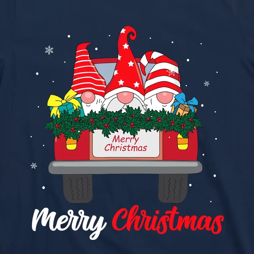 Three Gnomes In Red Truck With Merry Christmas Tree Family T-Shirt