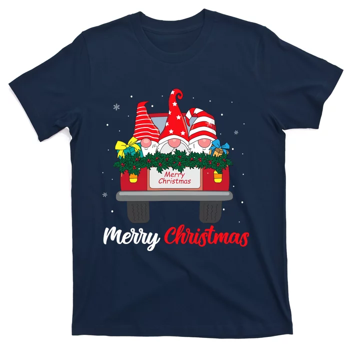 Three Gnomes In Red Truck With Merry Christmas Tree Family T-Shirt