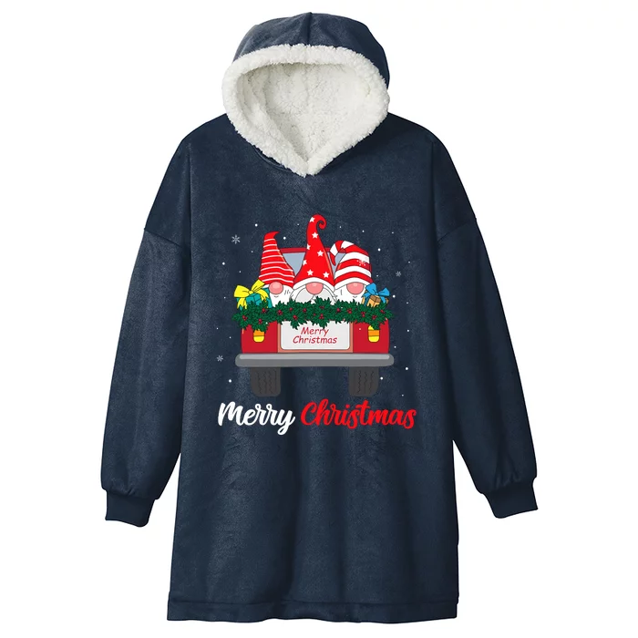 Three Gnomes In Red Truck With Merry Christmas Tree Family Hooded Wearable Blanket